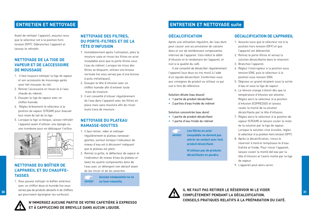 Breville ESP8XL Entretien ET Nettoyage, Nettoyage DES Filtres, Décalcification, DU PORTE-FILTRES ET DE LA Tête D’INFUSION 