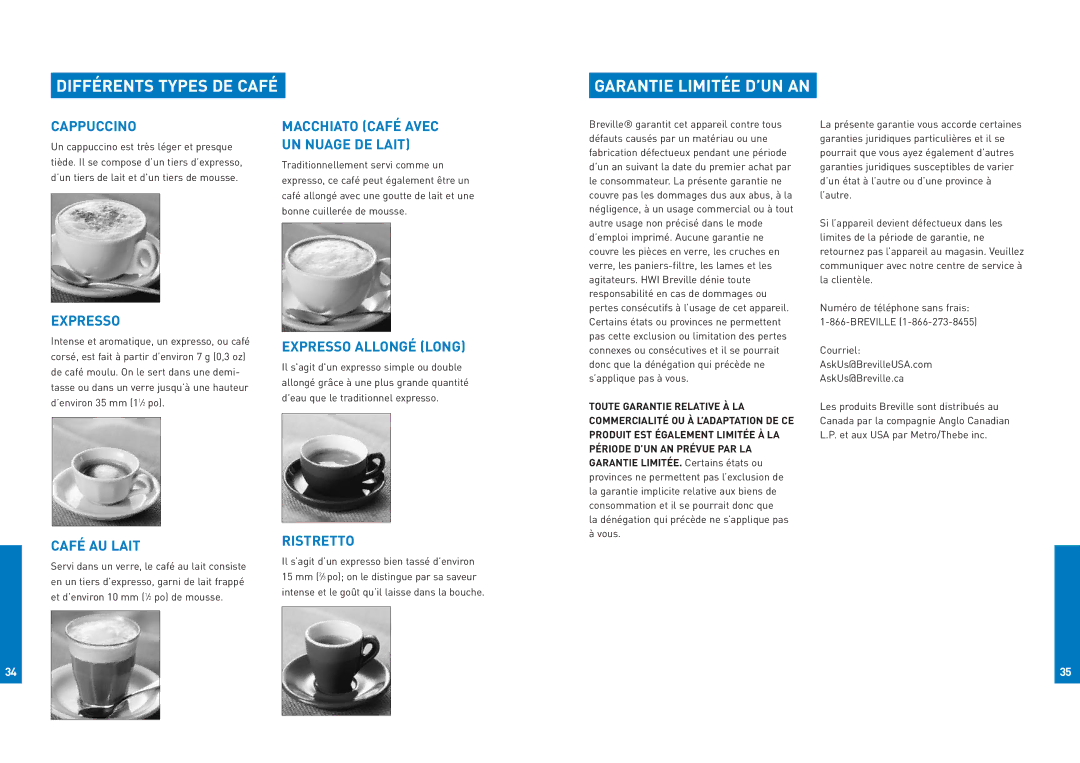 Breville ESP8XL manual Différents Types DE Café Garantie Limitée D’UN AN, Café AU Lait, Expresso Allongé Long 