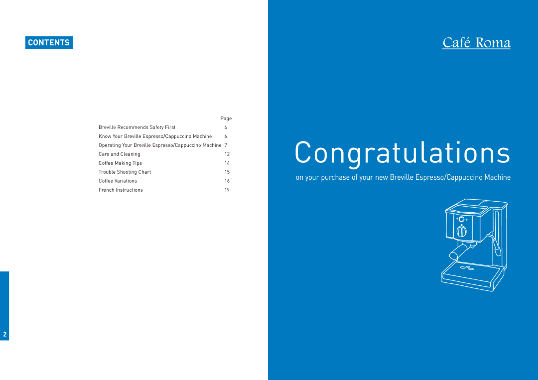 Breville ESP8XL manual Congratulations, Contents 
