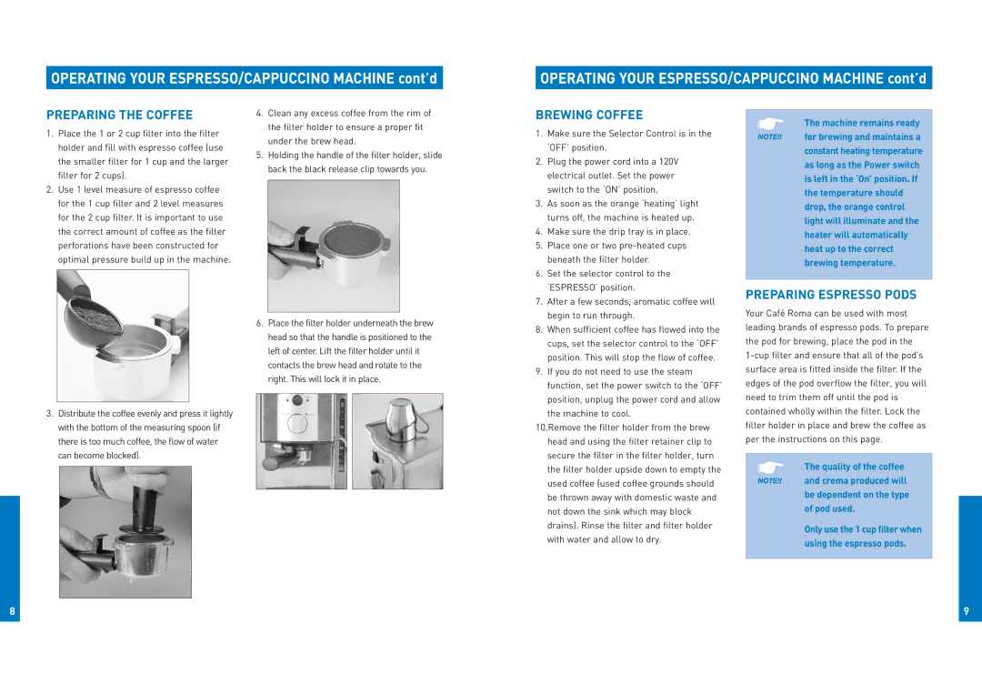 Breville ESP8XL manual Preparing the Coffee, Brewing Coffee, Preparing Espresso Pods 