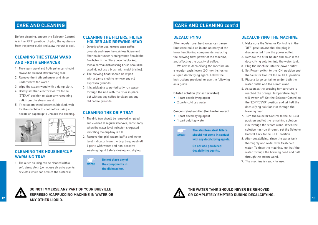 Breville ESP8XL manual Care and Cleaning, Cleaning the Drip Tray, Decalcifying the Machine 