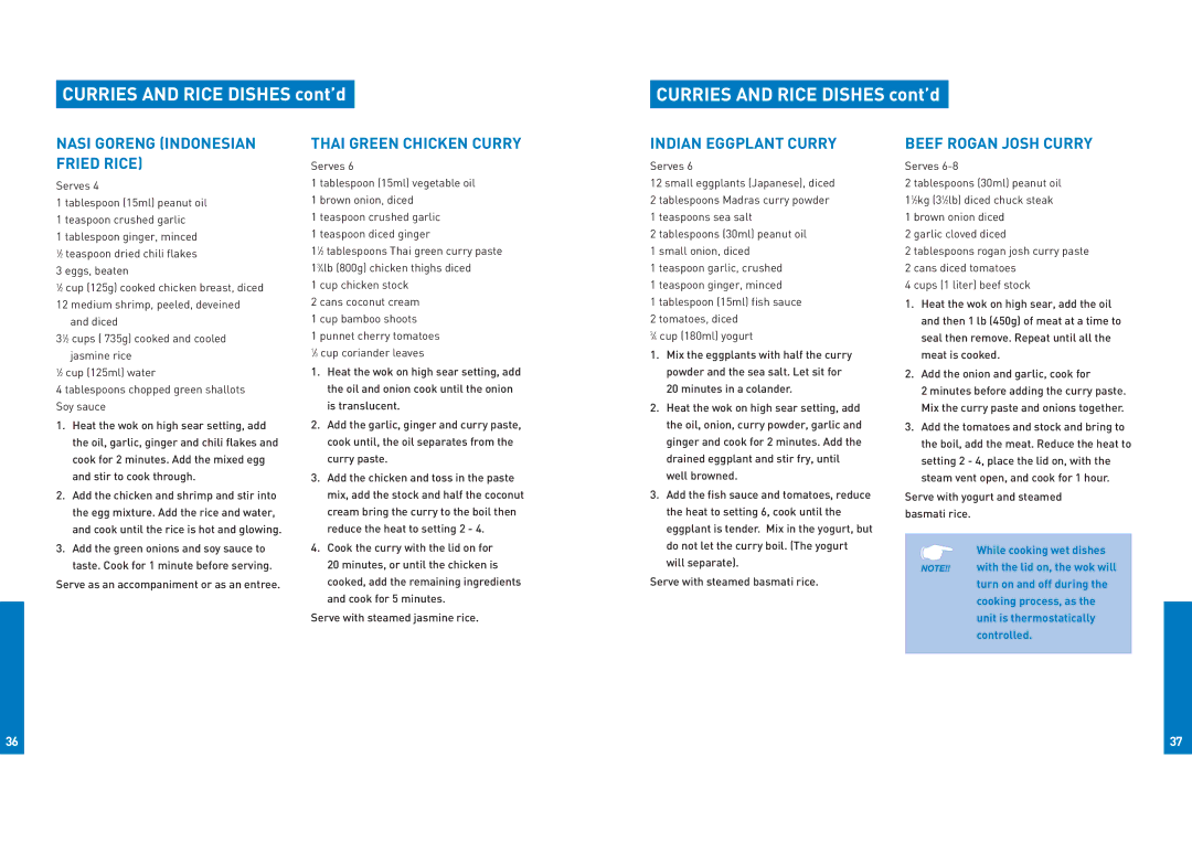 Breville EW30XL manual Curries and Rice Dishes cont’d, Nasi Goreng Indonesian Fried Rice, Thai Green Chicken Curry 