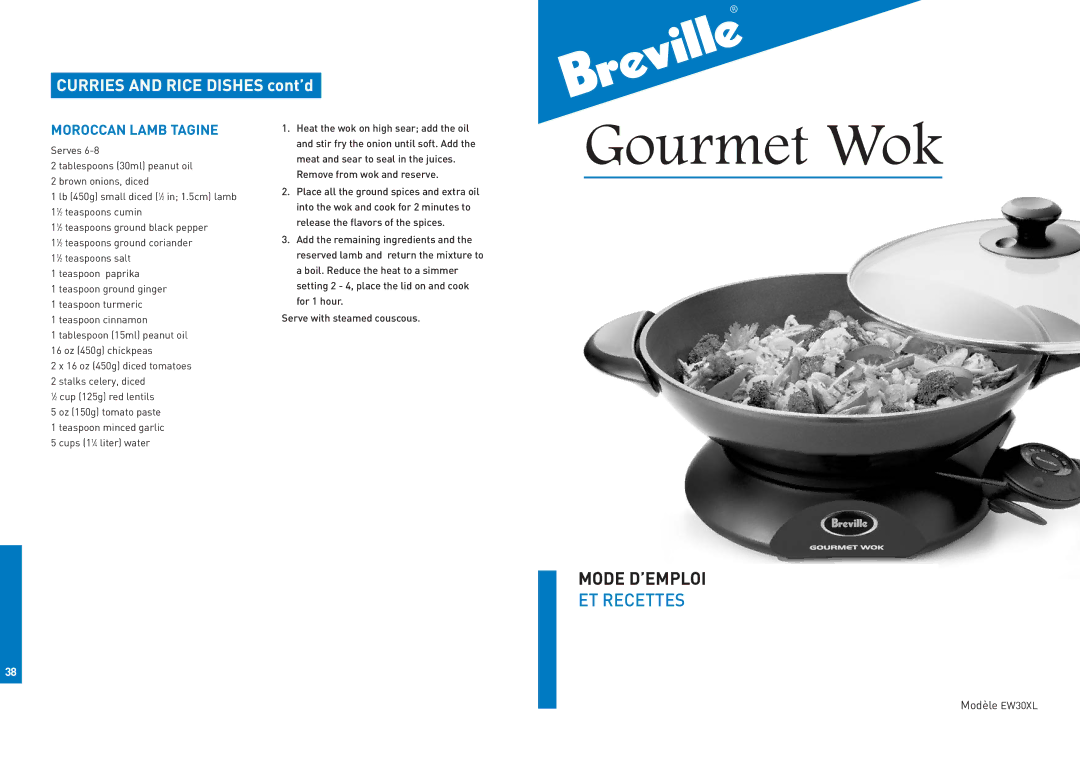 Breville EW30XL manual Mode D’EMPLOI, Moroccan Lamb Tagine 