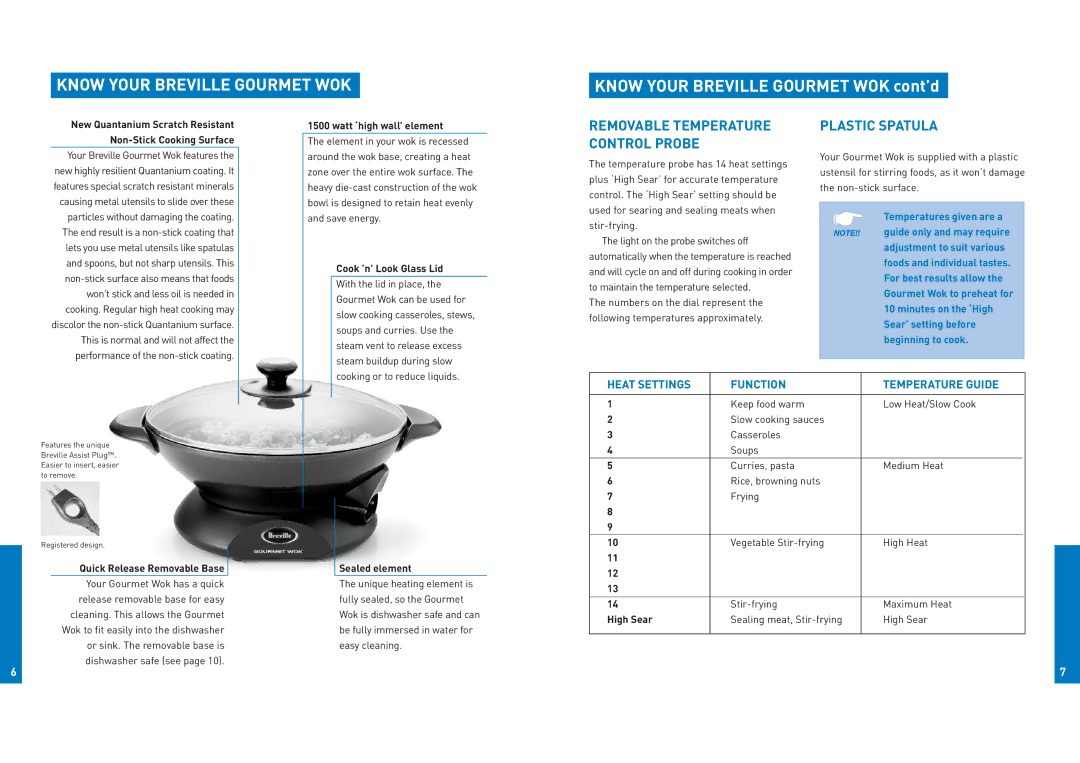 Breville EW30XL manual Know Your Breville Gourmet WOK cont’d, Plastic Spatula, Removable Temperature Control Probe 