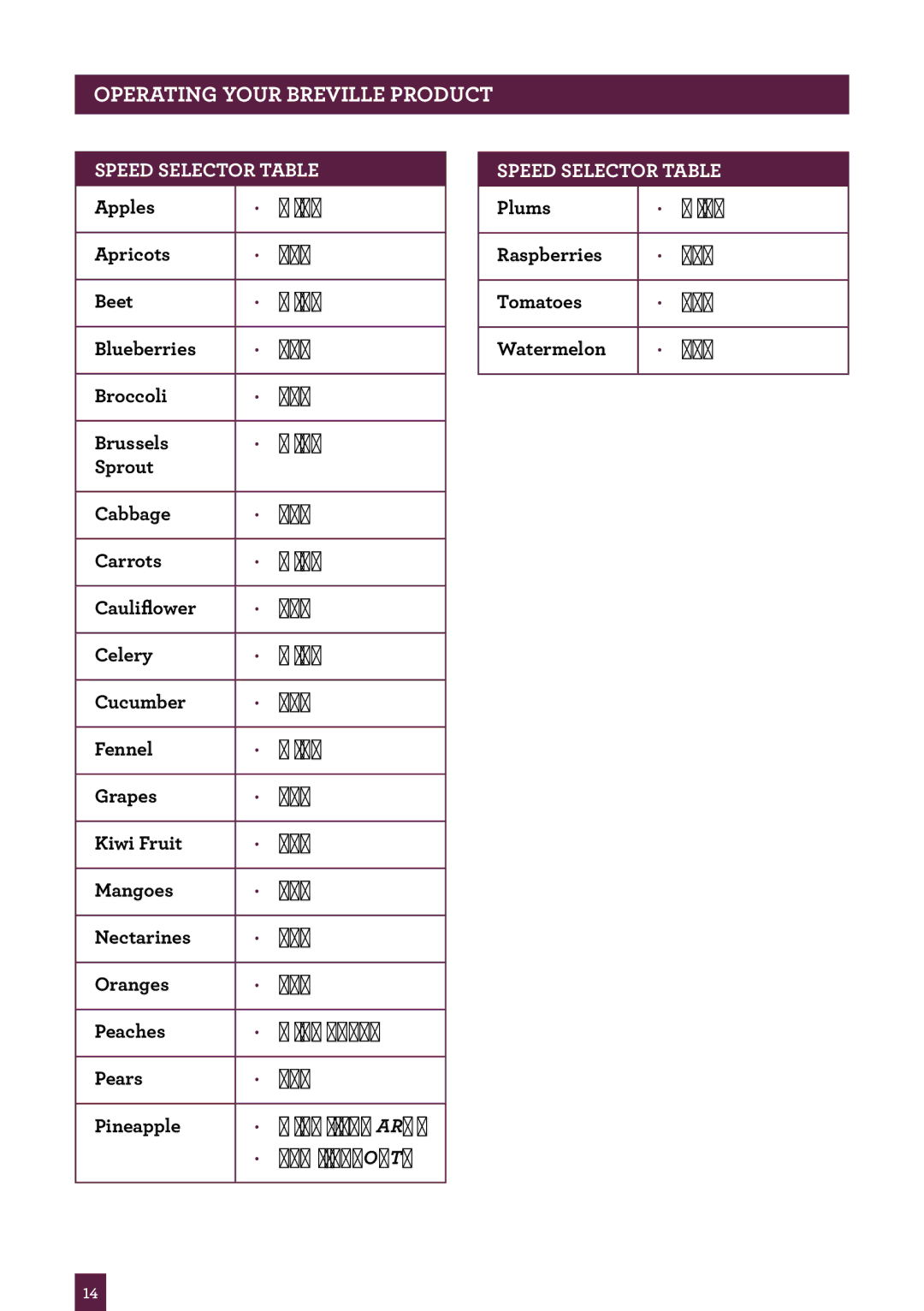 Breville 800BLXL, ikon 800JEXL, 800JEXL/B manual Speed Selector Table 