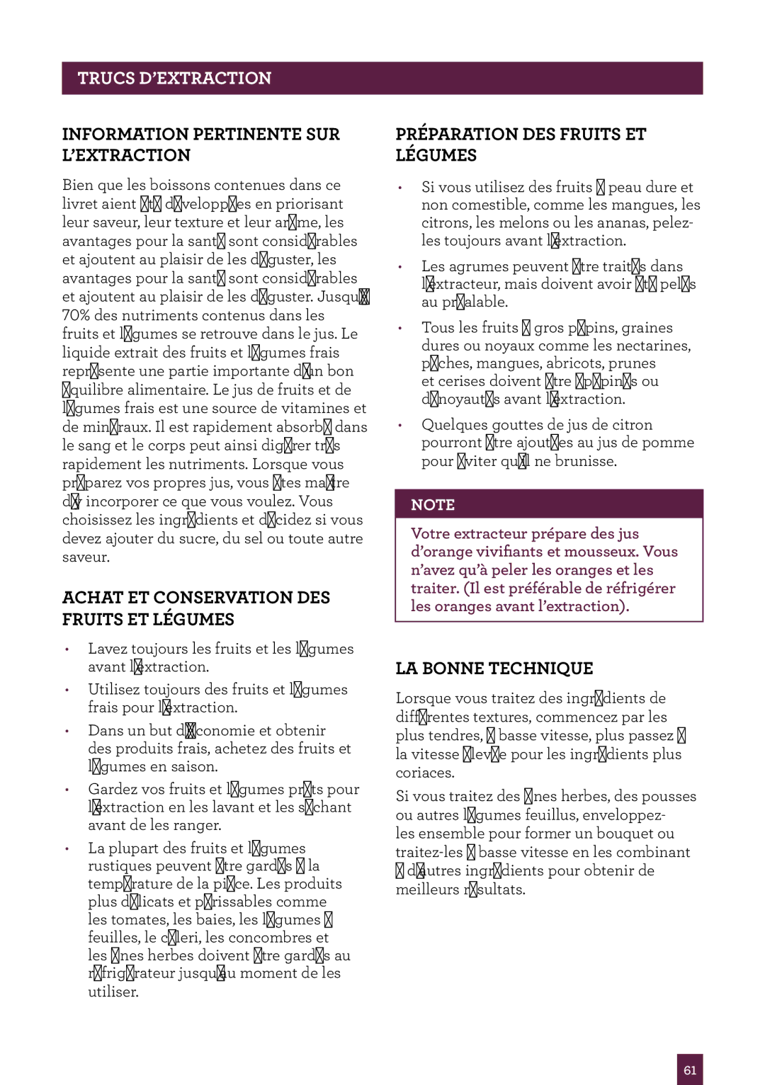 Breville 800JEXL/B, 800BLXL Trucs D’EXTRACTION, Information Pertinente SUR L’EXTRACTION, Préparation DES Fruits ET Légumes 