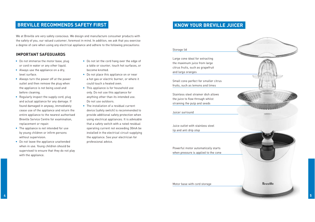 Breville JC7 manual Breville Recommends Safety First, Know Your Breville Juicer 