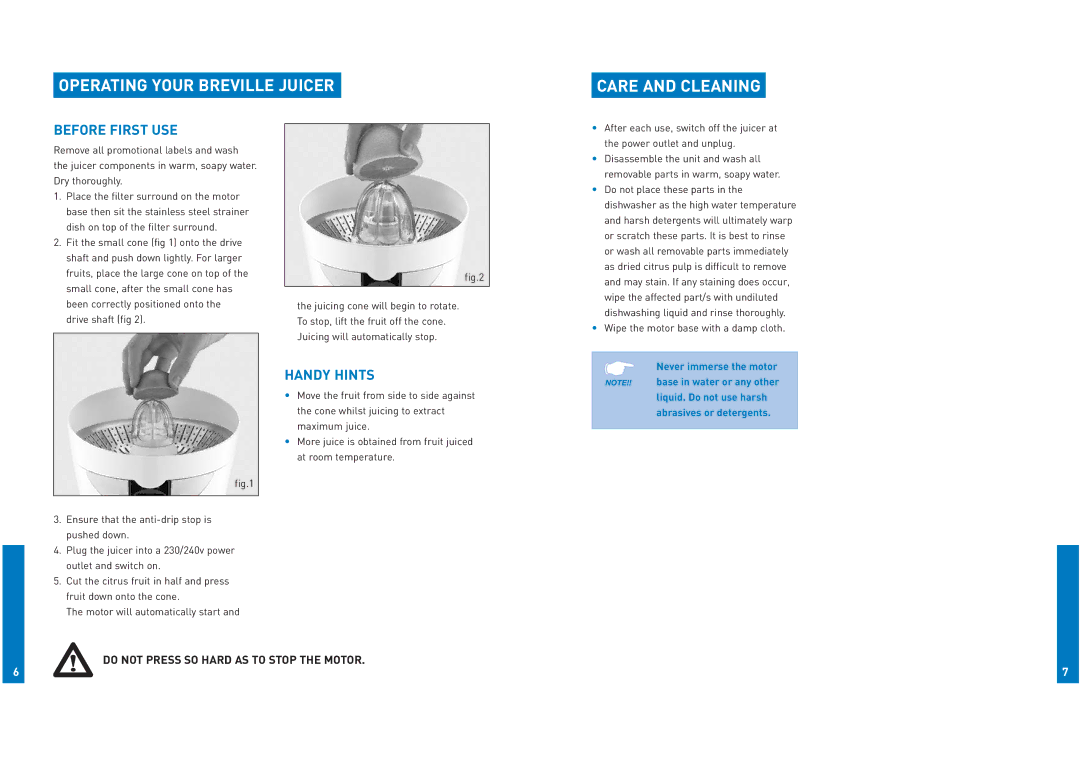 Breville JC7 manual Operating Your Breville Juicer Care and Cleaning, Before First USE 