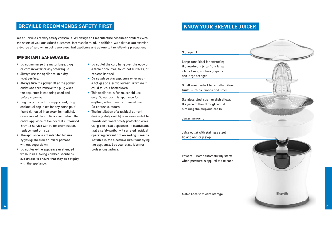 Breville JC7 manual Breville Recommends Safety First, Know Your Breville Juicer, Important Safeguards 