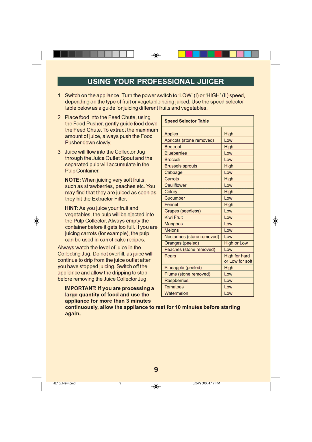 Breville JE16 manual Using Your Professional Juicer 