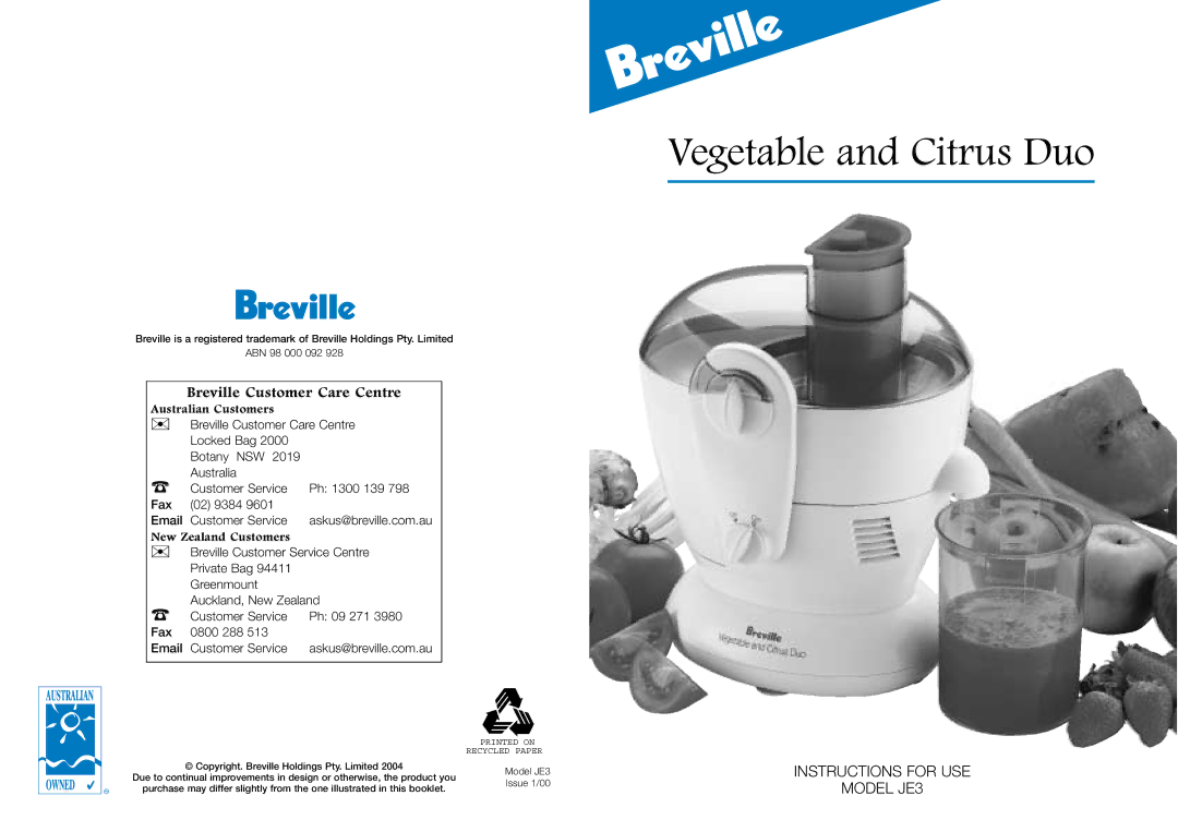 Breville JE3 manual Vegetable and Citrus Duo 