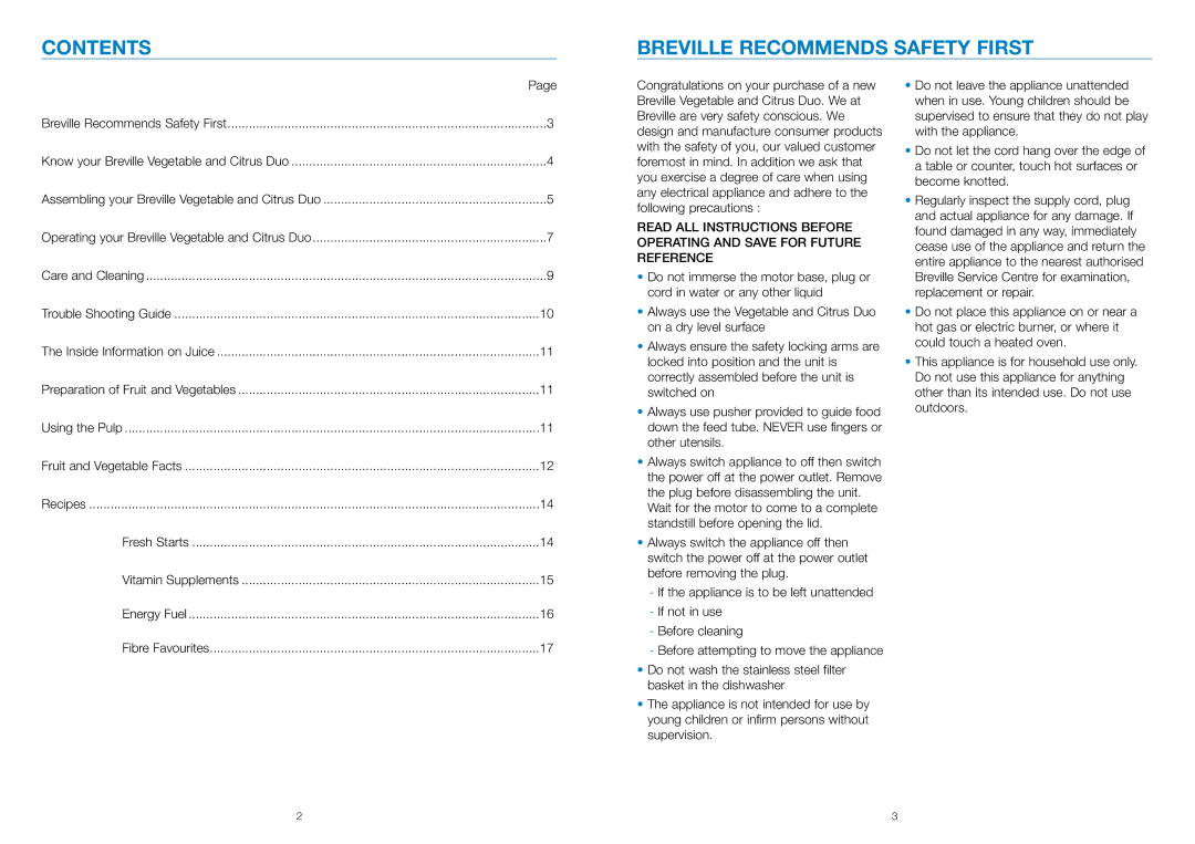 Breville JE3 manual Breville Recommends Safety First 