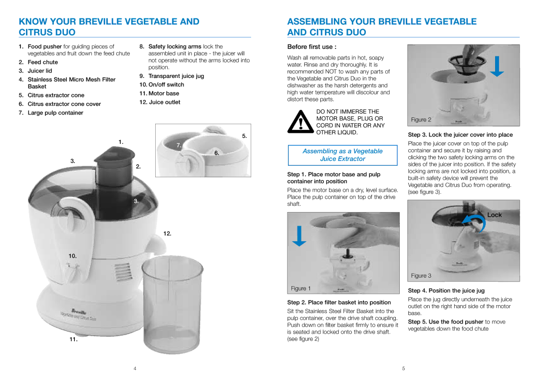 Breville JE3 manual Before first use, Assembling as a Vegetable Juice Extractor, Lock 