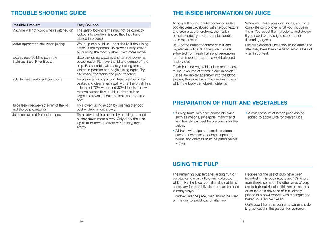Breville JE3 manual Trouble Shooting Guide Inside Information on Juice, Preparation of Fruit and Vegetables, Using the Pulp 