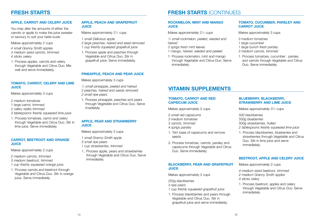 Breville JE3 manual Fresh Starts, Vitamin Supplements 