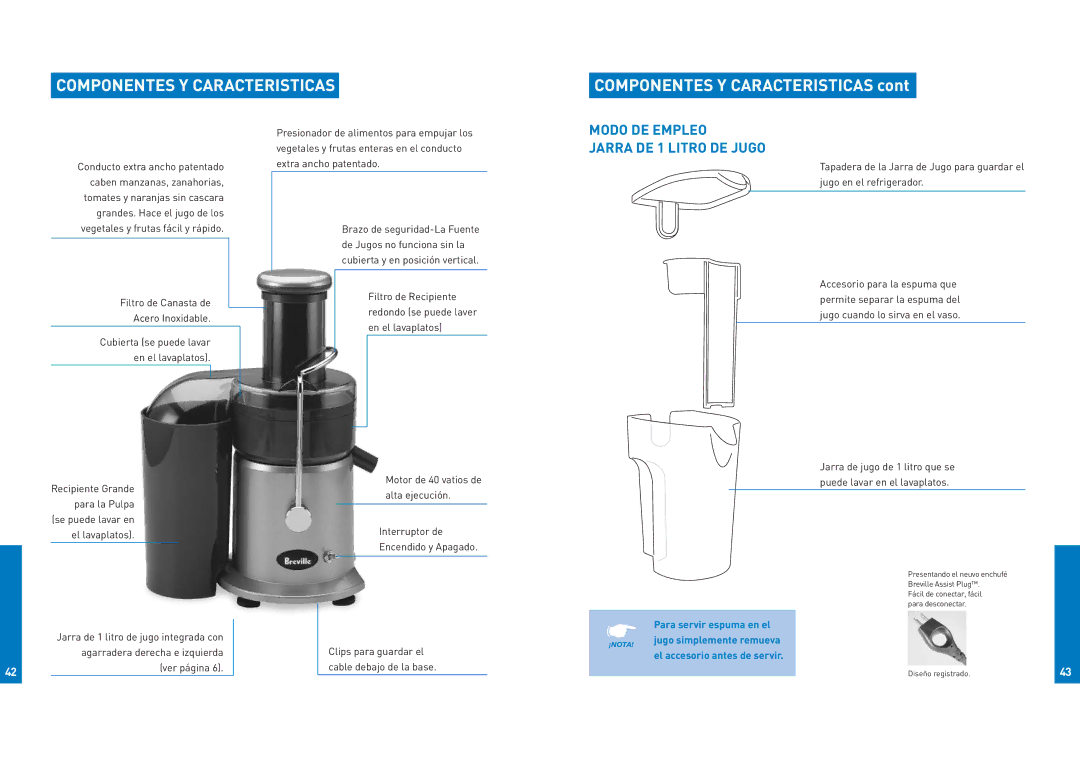 Breville JE900 manual Componentes Y Caracteristicas, Modo DE Empleo Jarra DE 1 Litro DE Jugo 