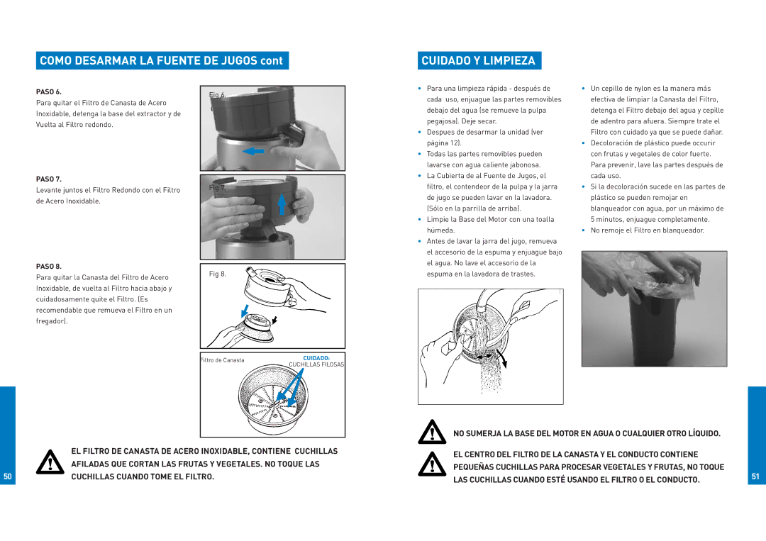 Breville JE900 manual Como Desarmar LA Fuente DE Jugos, Cuidado Y Limpieza 