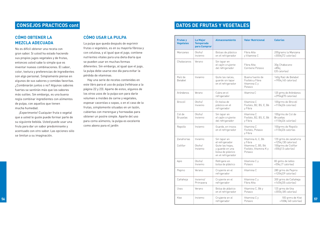 Breville JE900 manual Consejos Practicos, Datos DE Frutas Y Vegetales, Cómo Obtener LA Mezcla Adecuada, Cómo Usar LA Pulpa 