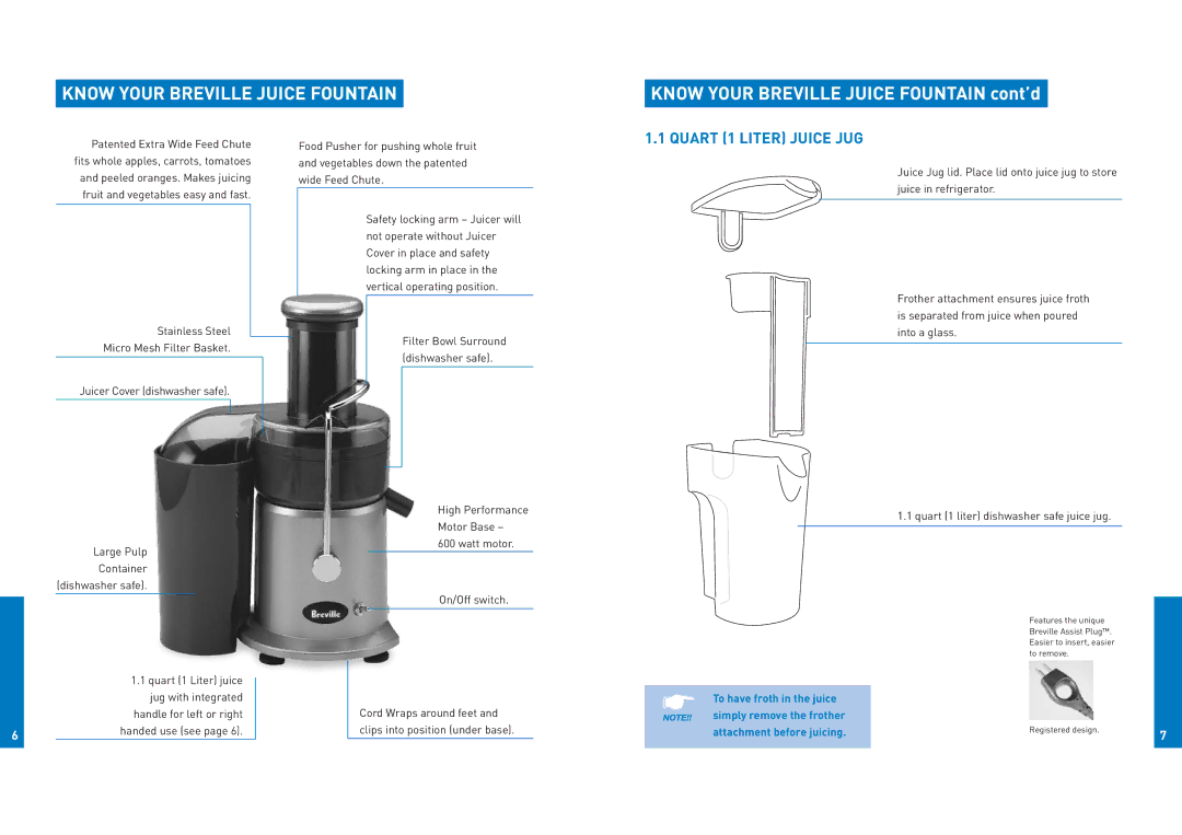 Breville JE900 manual Know Your Breville Juice Fountain cont’d, Quart 1 Liter Juice JUG 