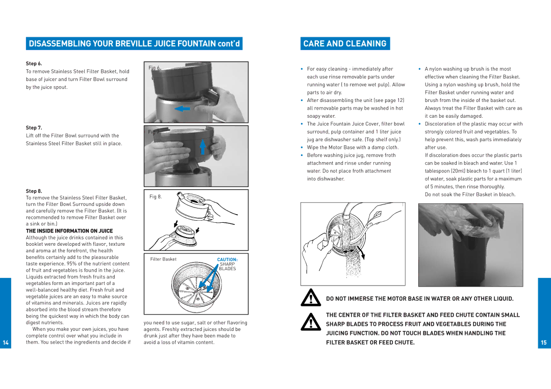 Breville JE900 manual Disassembling Your Breville Juice Fountain cont’d, Care and Cleaning 