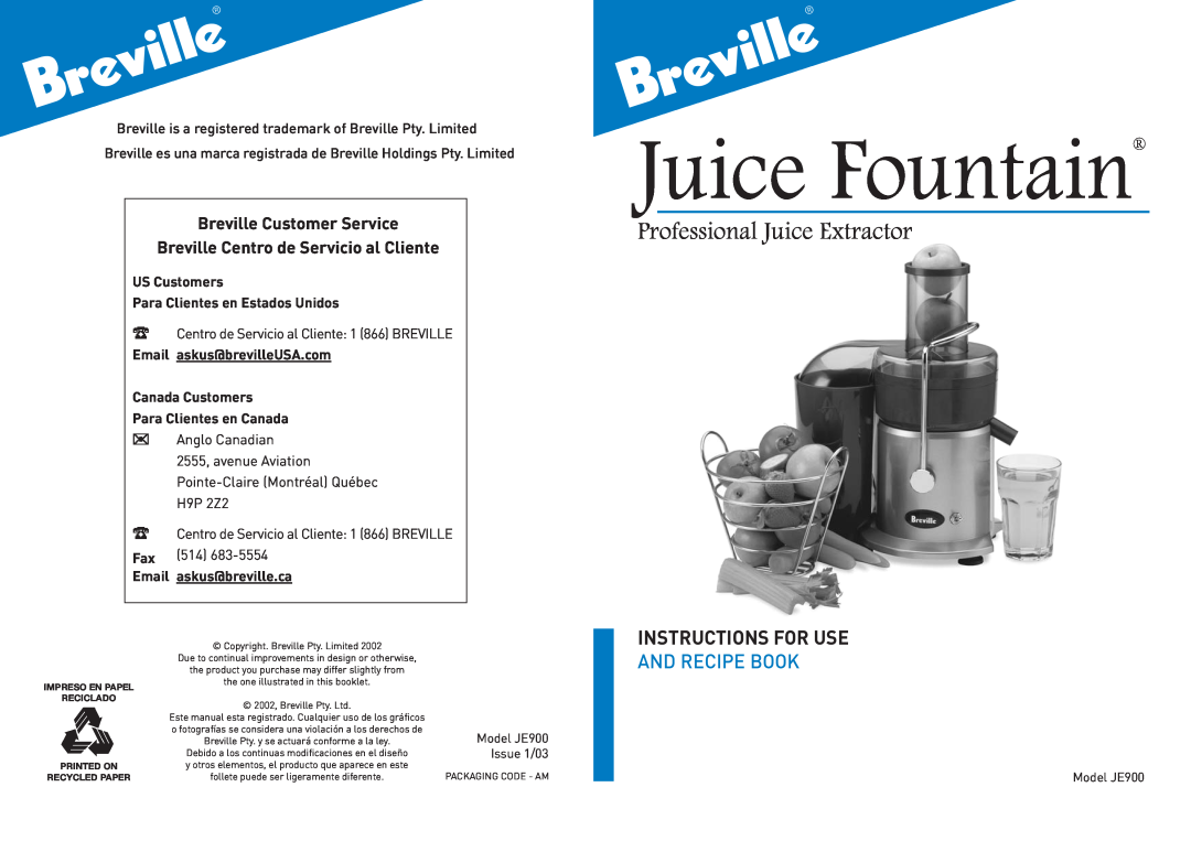 Breville JE900 manual Juice Fountain, Professional Juice Extractor, US Customers Para Clientes en Estados Unidos, Email 