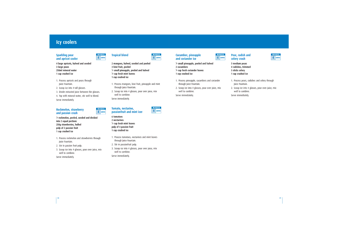 Breville JE95 manual Icy coolers, Sparkling pear Apricot cooler, Rockmelon, strawberry Passion crush, Tomato, nectarine 