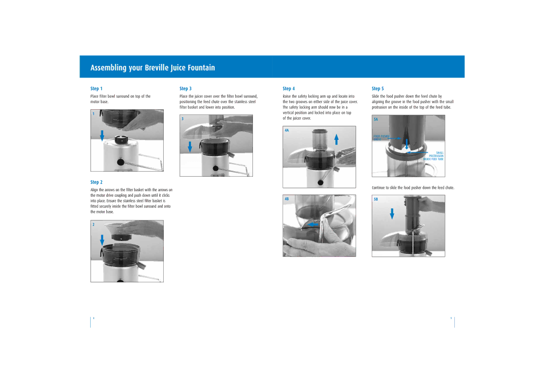 Breville JE95 manual Assembling your Breville Juice Fountain, Step, Place filter bowl surround on top of the motor base 