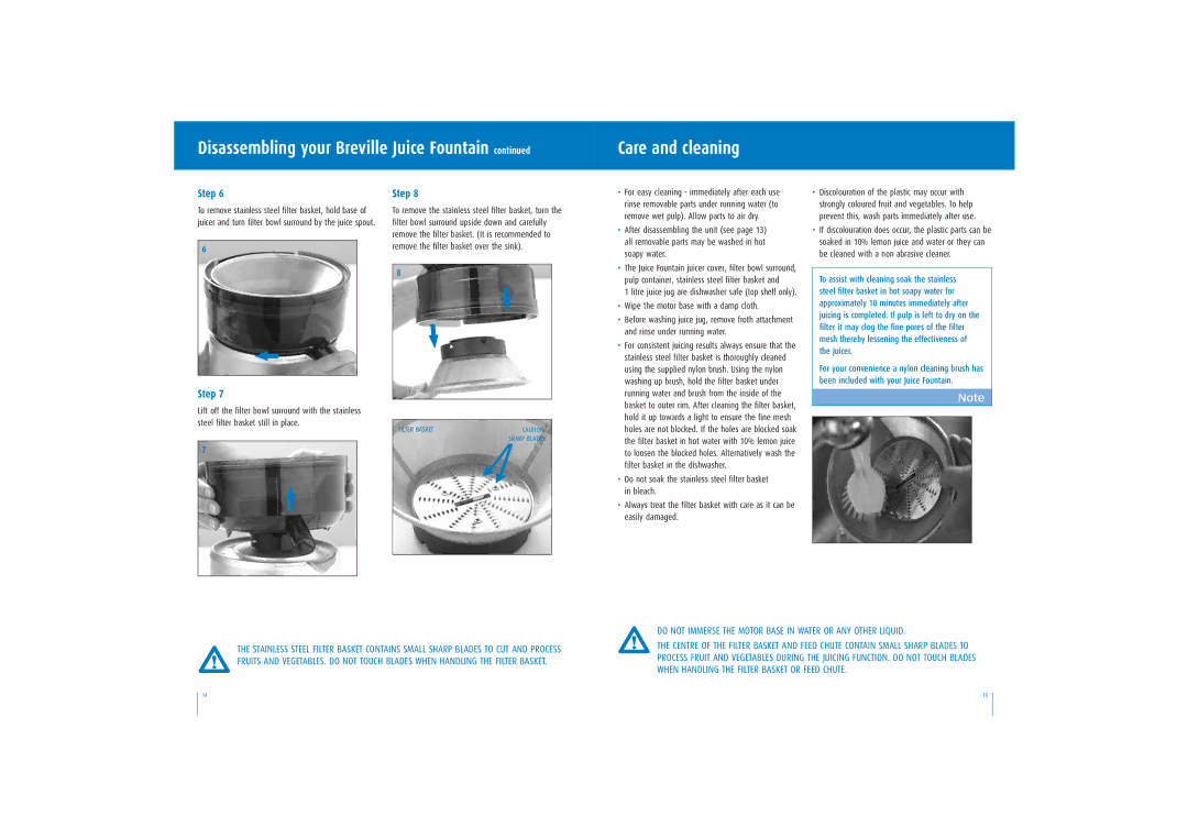 Breville JE95 manual Care and cleaning 