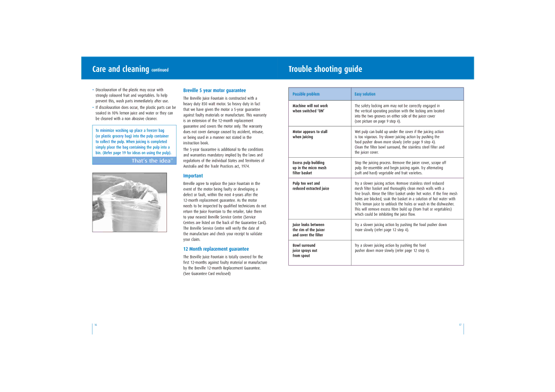 Breville JE95 manual Care and cleaning Trouble shooting guide, Breville 5 year motor guarantee, Month replacement guarantee 