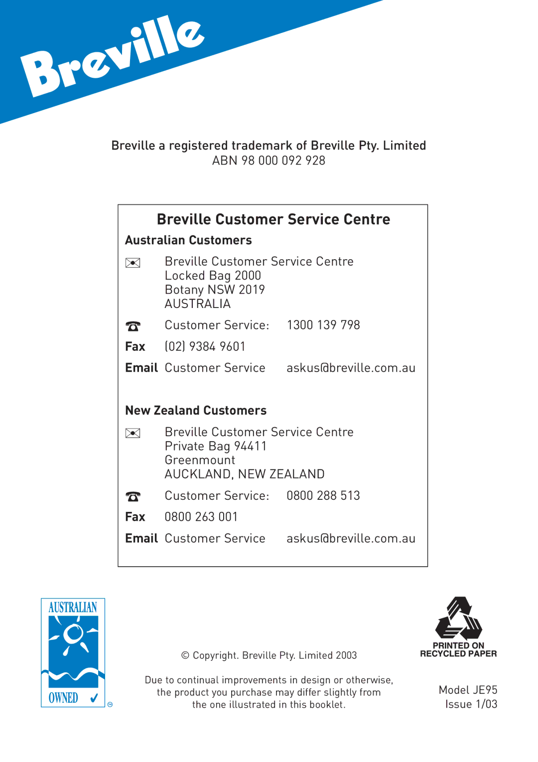 Breville JE95 manual Breville Customer Service Centre 