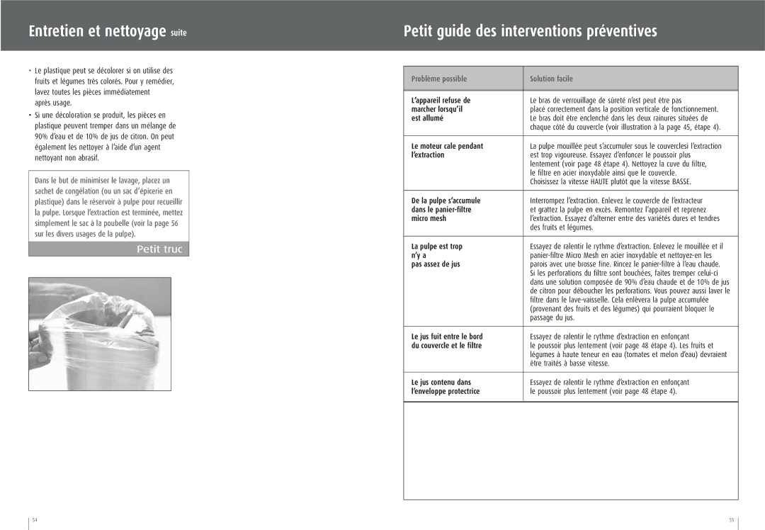 Breville JE95XL manual Entretien et nettoyage suite, Petit guide des interventions préventives 