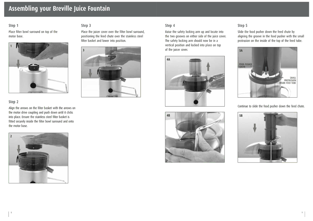 Breville JE95XL manual Assembling your Breville Juice Fountain, Step, Place filter bowl surround on top of the motor base 