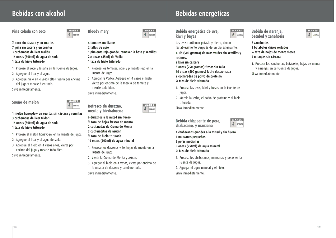 Breville JE95XL manual Bebidas con alcohol, Bebidas energéticas 