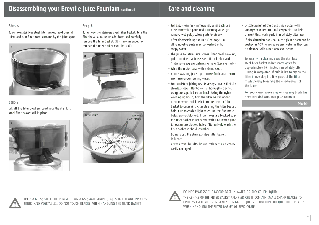 Breville JE95XL manual Care and cleaning 