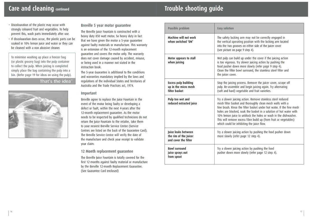 Breville JE95XL Care and cleaning Trouble shooting guide, Breville 5 year motor guarantee, Month replacement guarantee 