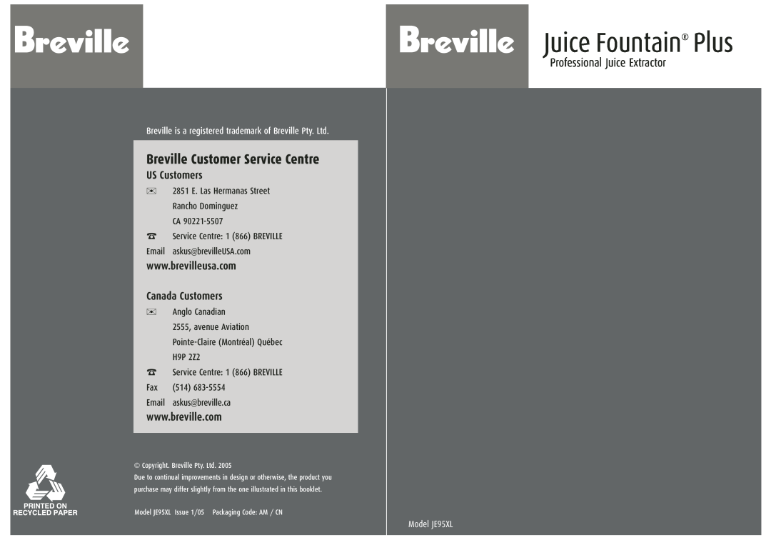 Breville JE95XL manual Juice Fountain Plus, Breville Customer Service Centre, Professional Juice Extractor, US Customers 
