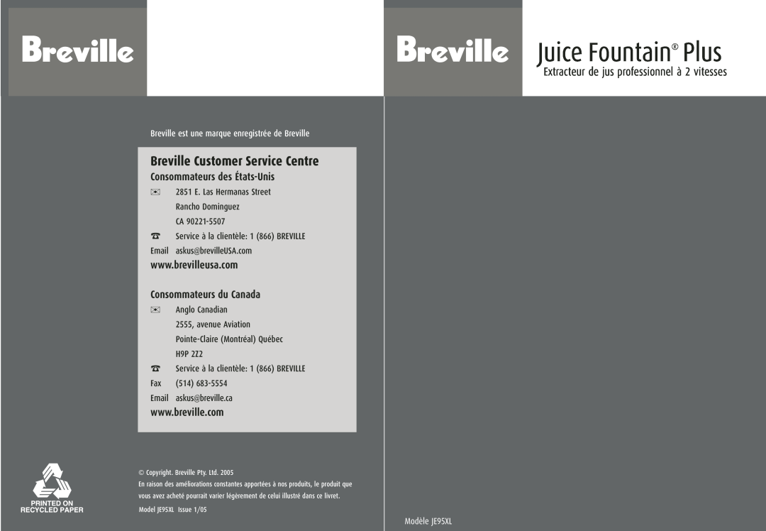 Breville JE95XL manual Extracteur de jus professionnel à 2 vitesses, Consommateurs des États-Unis, Consommateurs du Canada 
