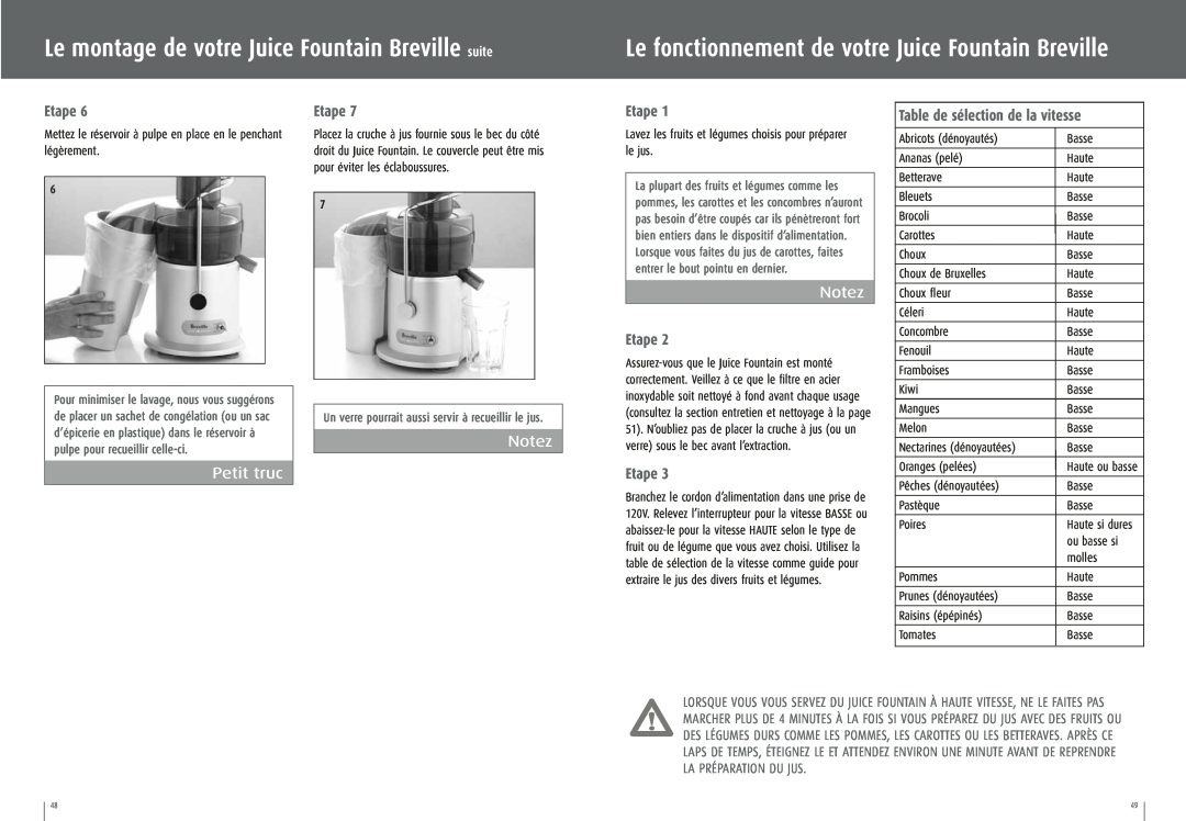 Breville JE95XL Le montage de votre Juice Fountain Breville suite, Le fonctionnement de votre Juice Fountain Breville 