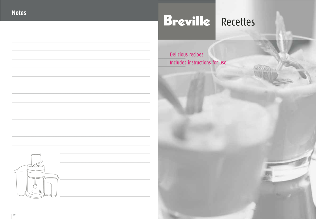Breville JE95XL manual Recettes, Delicious recipes Includes instructions for use 