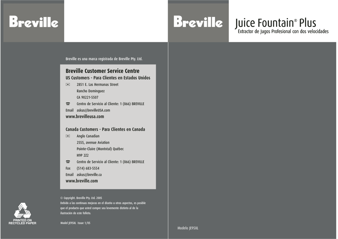 Breville JE95XL manual Extractor de Jugos Profesional con dos velocidades, US Customers - Para Clientes en Estados Unidos 