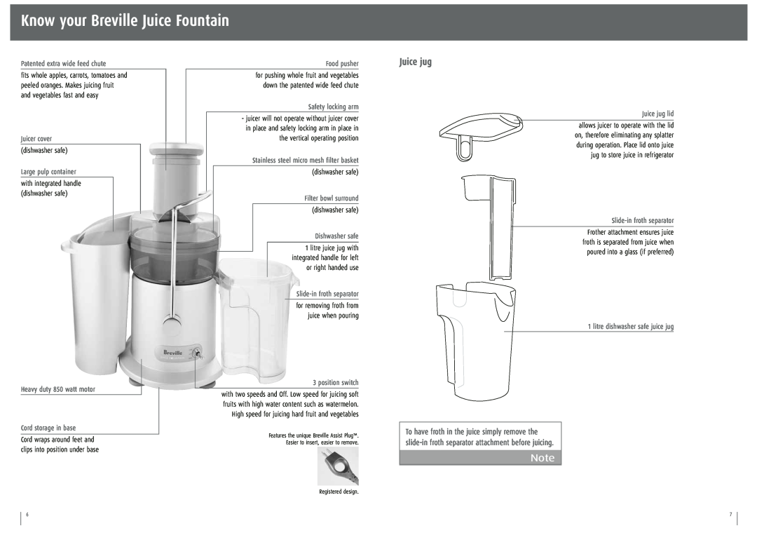 Breville JE95XL Know your Breville Juice Fountain, Juice jug, Patented extra wide feed chute, Juicer cover, Food pusher 