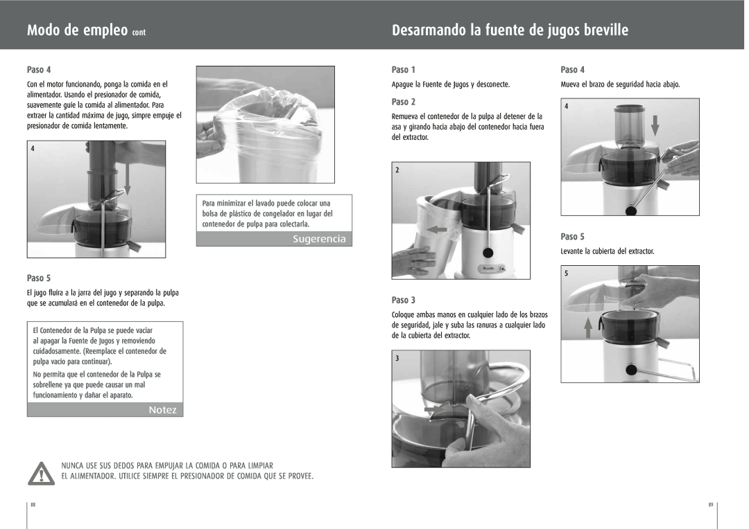 Breville JE95XL manual Modo de empleo cont, Desarmando la fuente de jugos breville, Paso, Sugerencia, Notez 