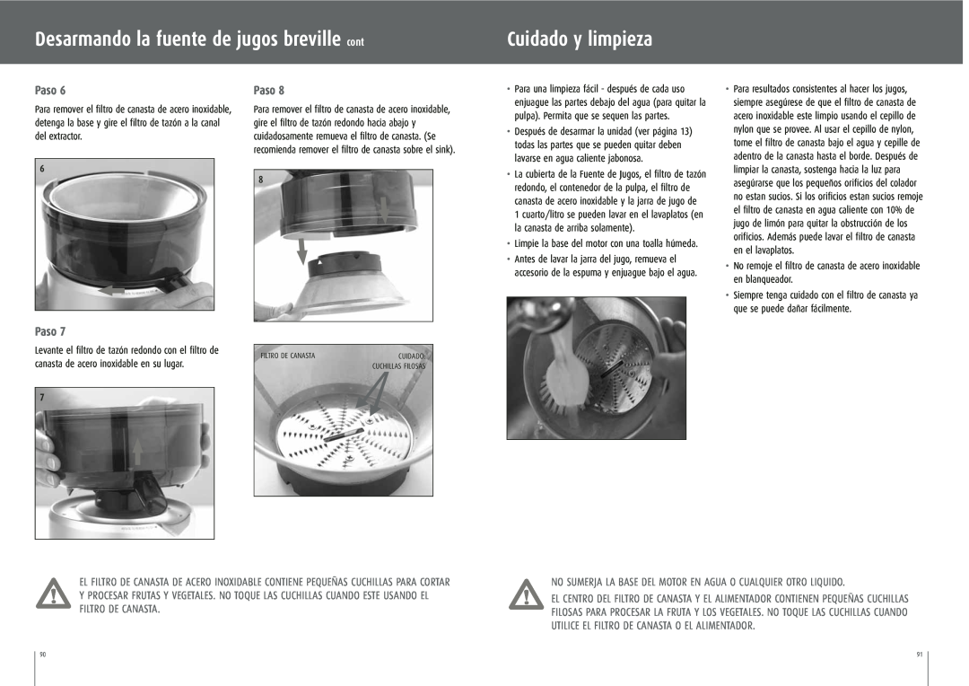 Breville JE95XL manual Desarmando la fuente de jugos breville cont, Cuidado y limpieza, Paso 