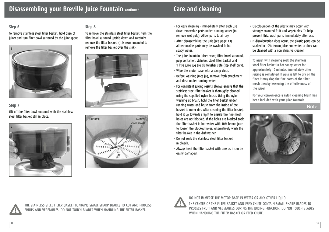 Breville JE95XL manual Care and cleaning, Do Not Immerse The Motor Base In Water Or Any Other Liquid, Step, the juicer 