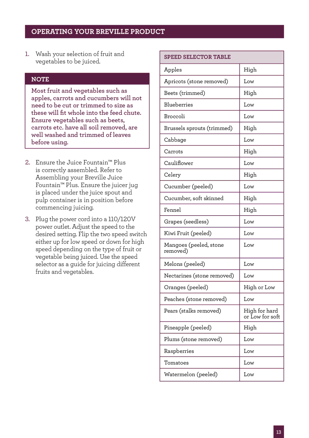 Breville the Juice FountainTM Plus, JE98XL manual Operating your Breville Product, Speed selector table 