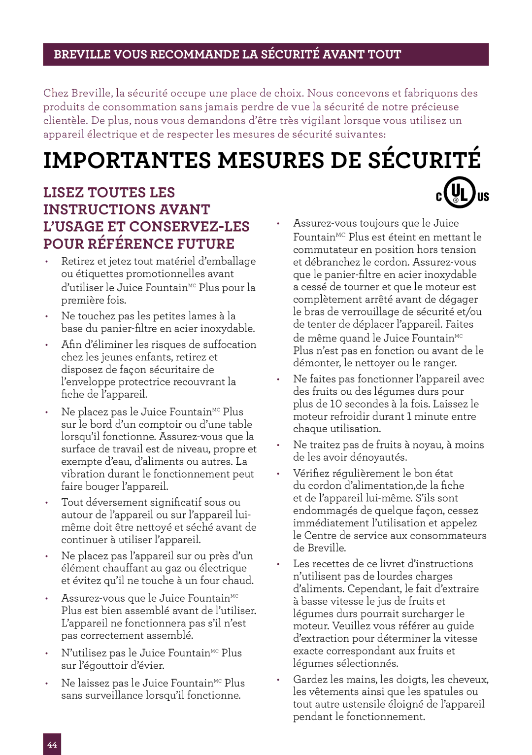 Breville JE98XL manual Importantes Mesures DE Sécurité, Breville Vous Recommande LA Sécurité Avant Tout 