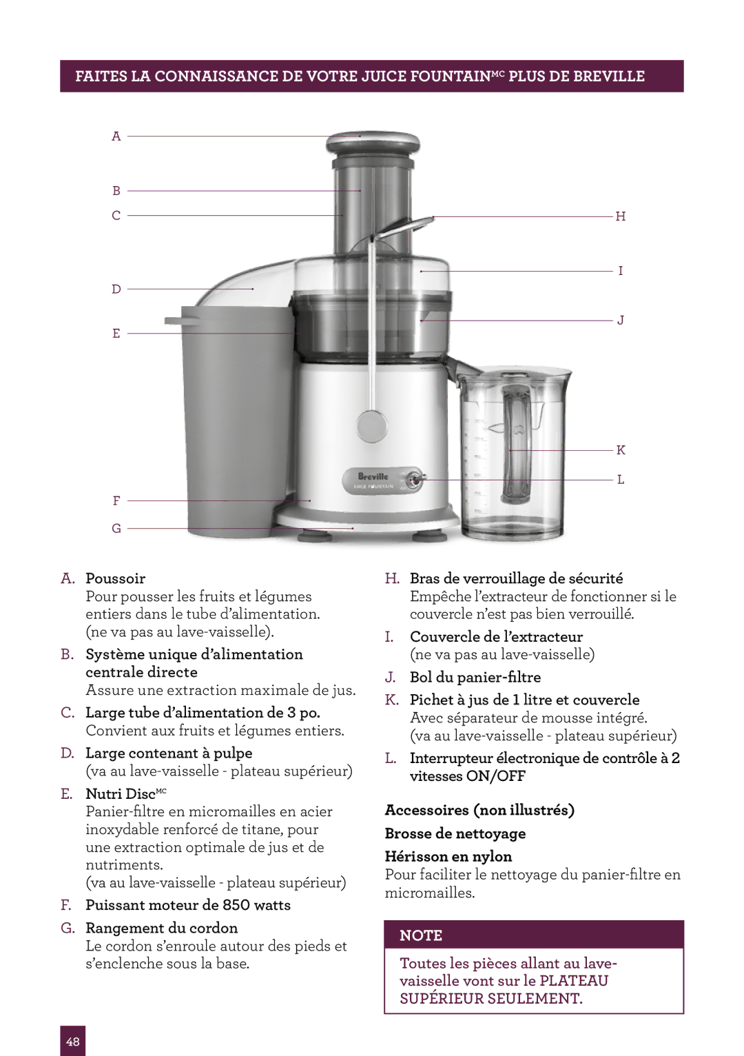 Breville JE98XL, the Juice FountainTM Plus manual Système unique d’alimentation centrale directe 