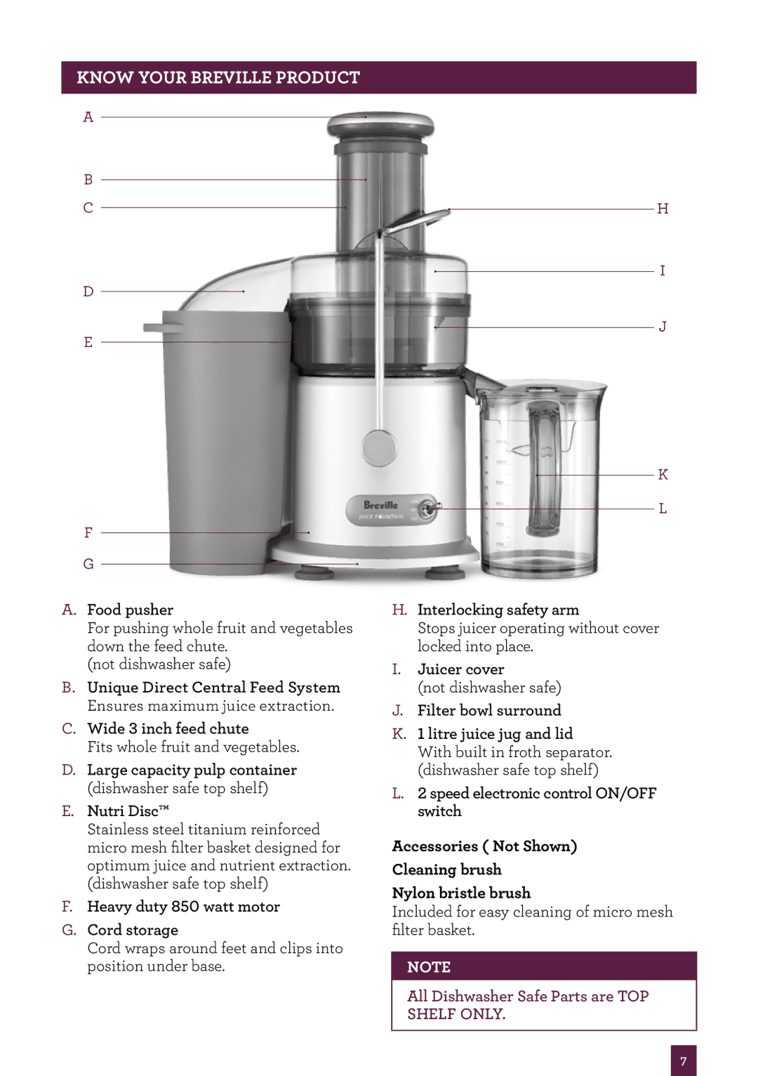 Breville the Juice FountainTM Plus, JE98XL manual Know your Breville Product 