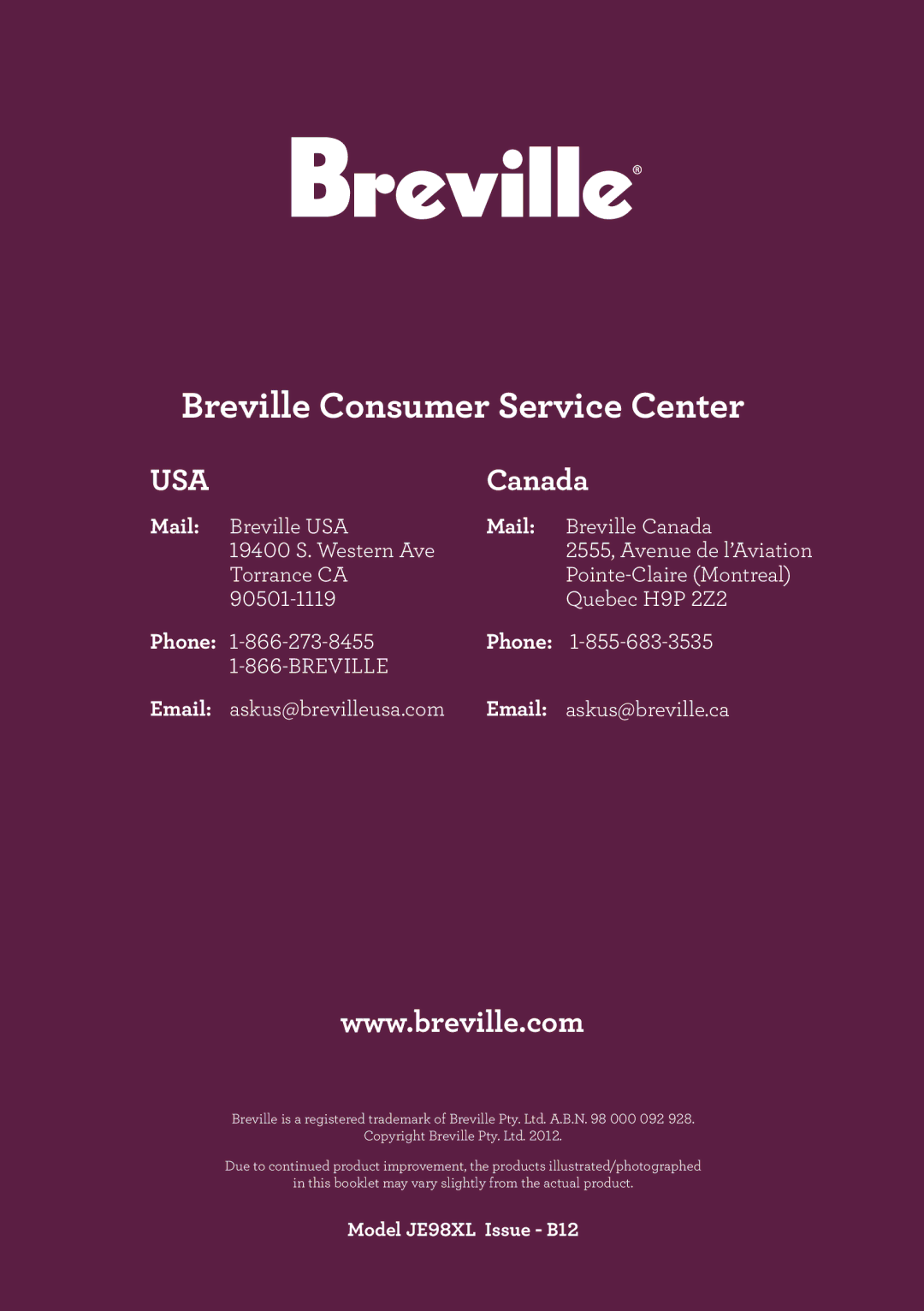 Breville JE98XL, the Juice FountainTM Plus manual Mail, Phone 