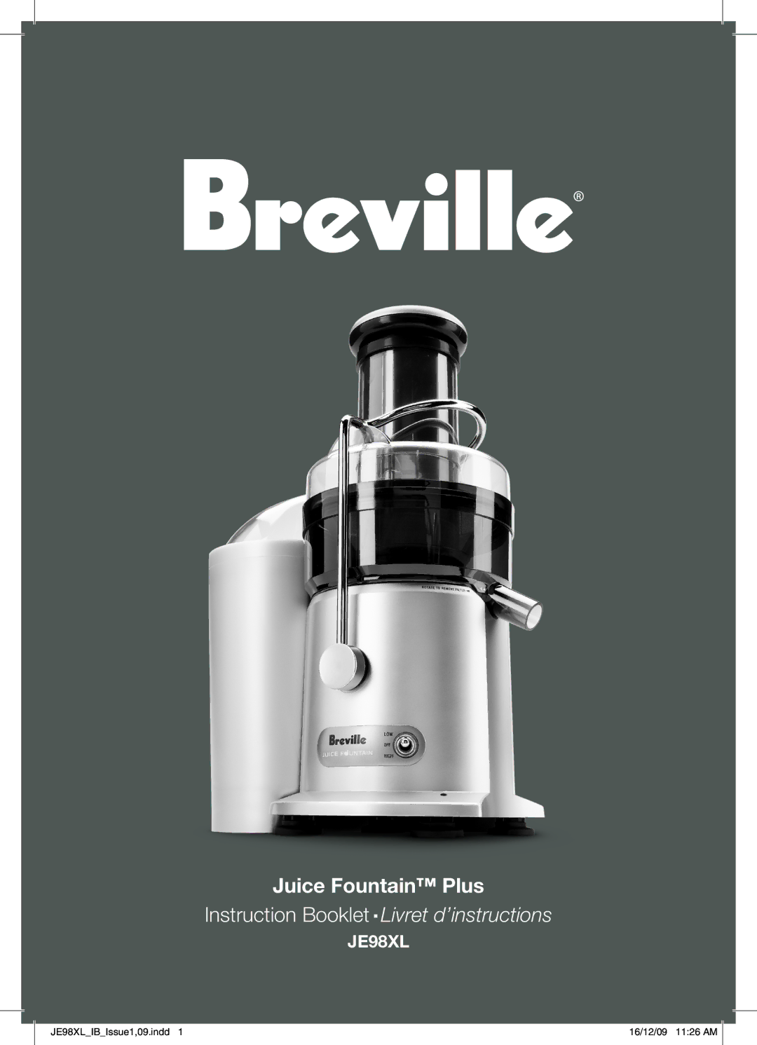 Breville JE98XL manual Juice Fountain Plus 